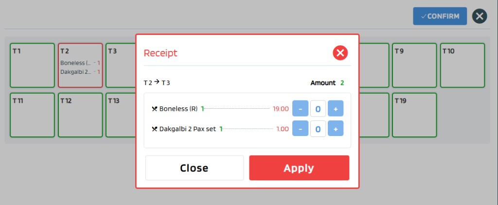 테이블 나누기 - 메뉴 수량 지정 후 Apply